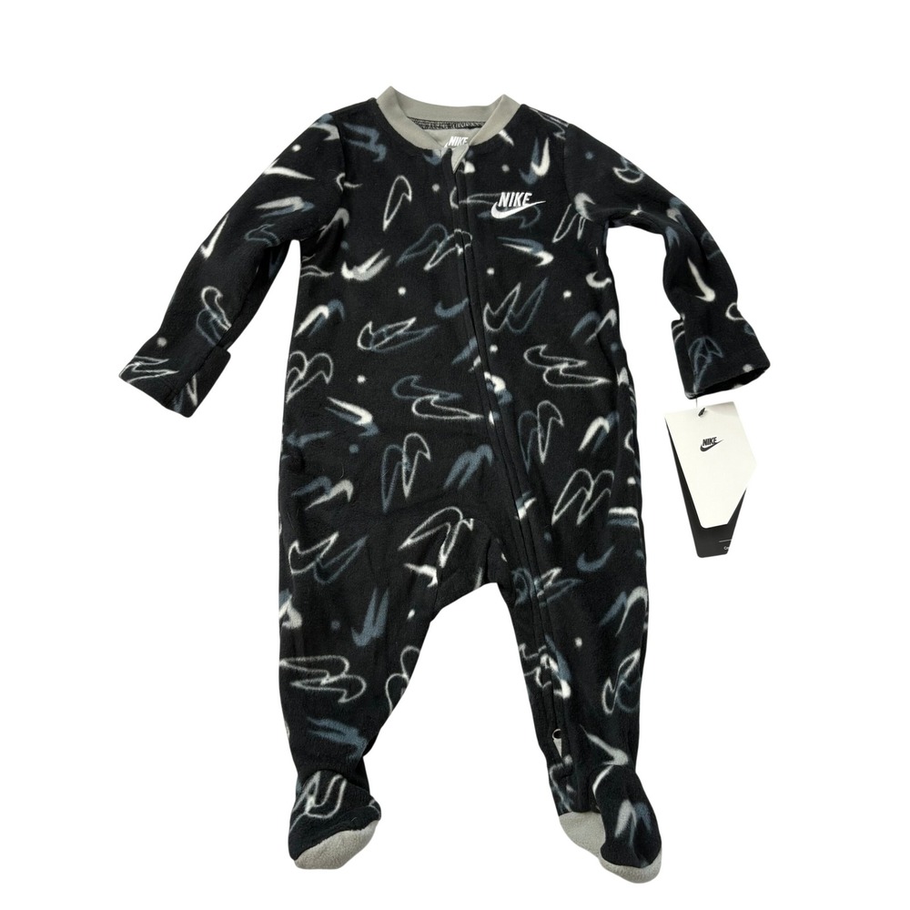 Nike Black Abstract Swoosh Fleece Footed Coverall Baby 6M Sporty Athleisure‎